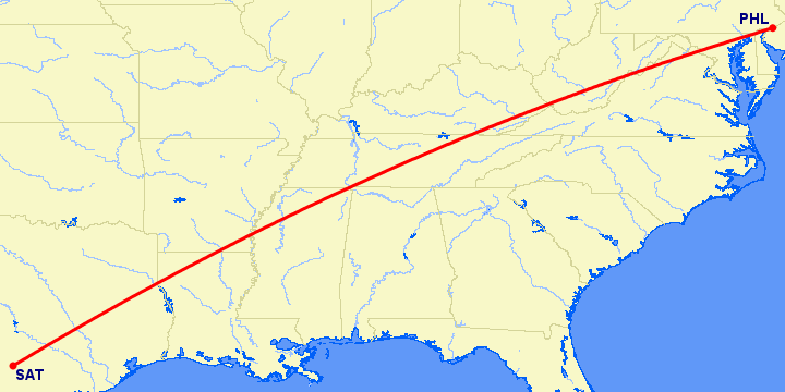 перелет Сан Антонио — Филадельфия на карте