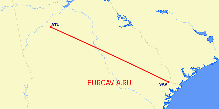 перелет Саванна — Атланта на карте