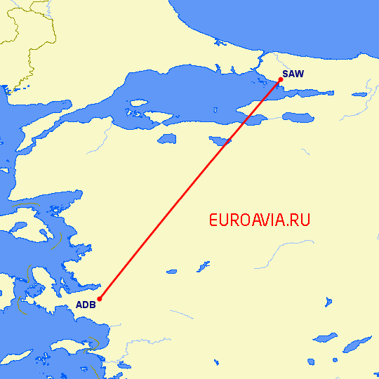 перелет Стамбул — Измир на карте