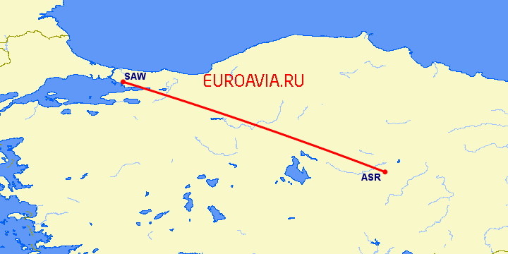 перелет Стамбул — Кайсери на карте
