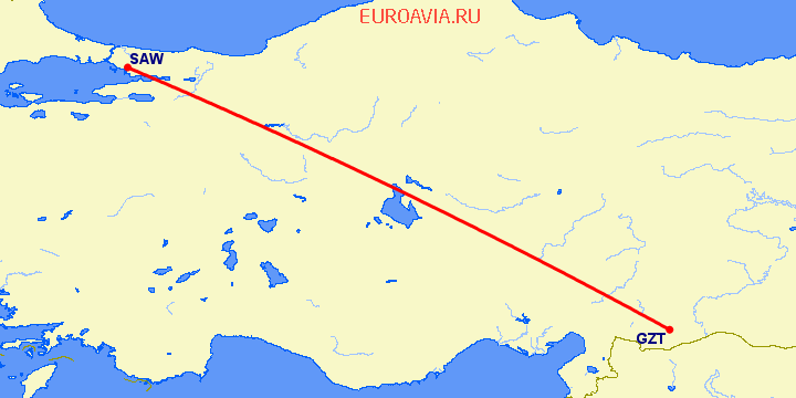 перелет Стамбул — Газиантеп на карте