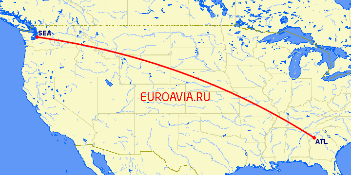 перелет Сиэтл — Атланта на карте