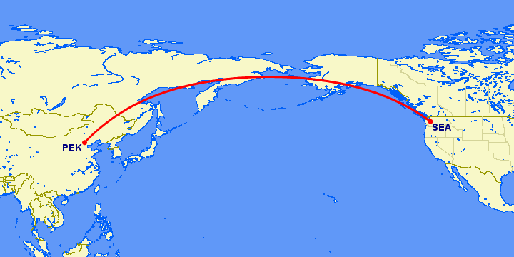 перелет Сиэтл — Пекин на карте