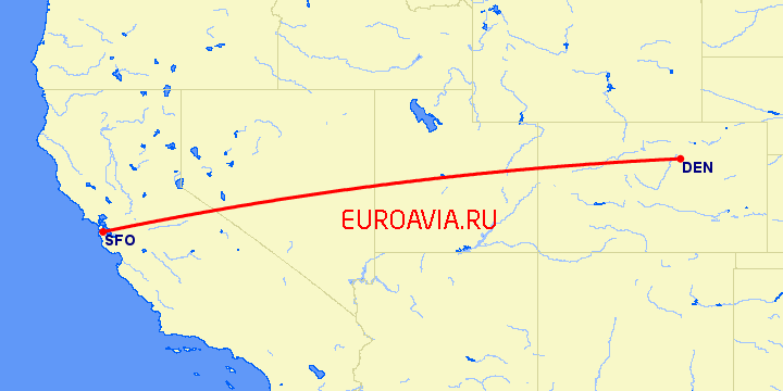 перелет Сан Франциско — Денвер на карте