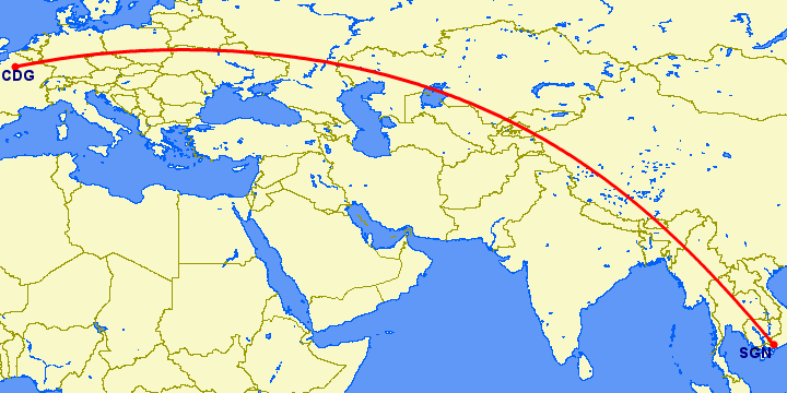 перелет Хошимин — Париж на карте