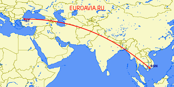 перелет Хошимин — Стамбул на карте