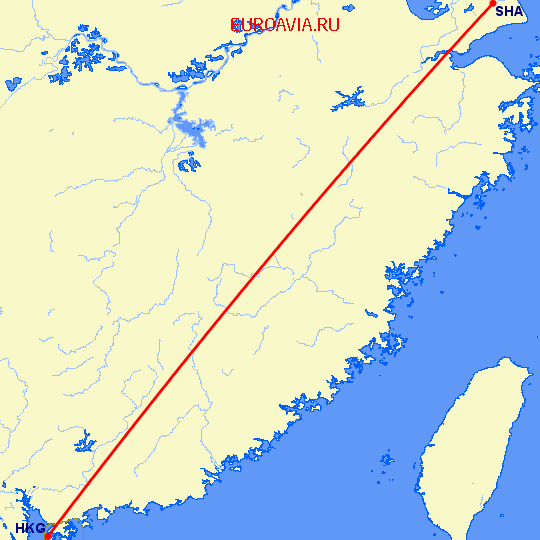 перелет Шанхай — Гонконг на карте