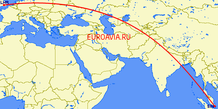 перелет Сингапур — Лондон на карте