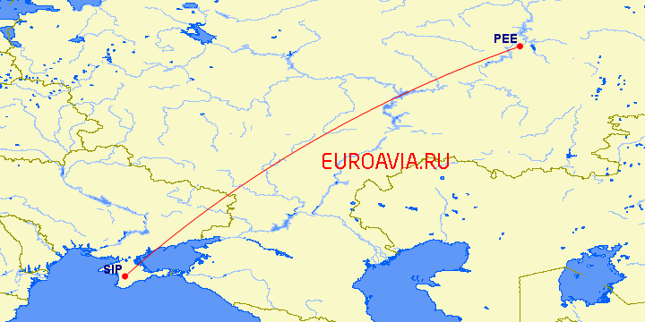 перелет Симферополь — Пермь на карте