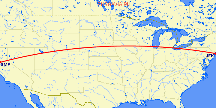 перелет Сакраменто — Нью Йорк на карте