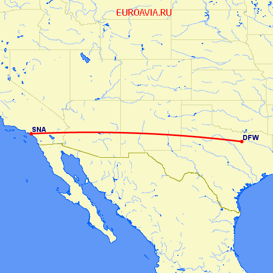 перелет Санта Ана — Даллас на карте