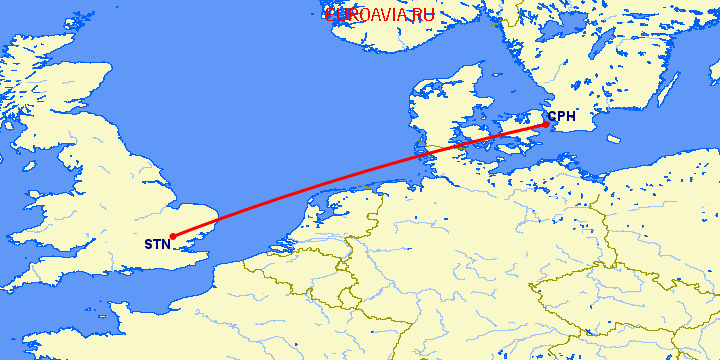 перелет Лондон — Копенгаген на карте