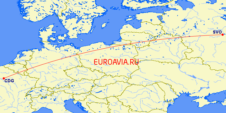 перелет Москва — Париж на карте