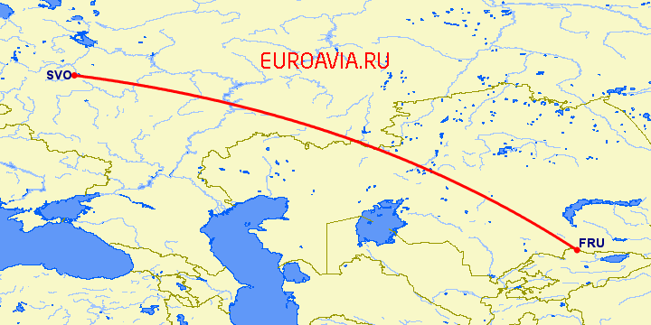 перелет Москва — Бишкек на карте