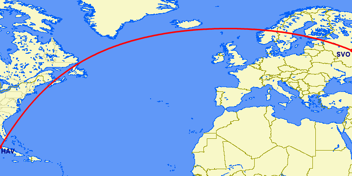 перелет Москва — Гавана на карте