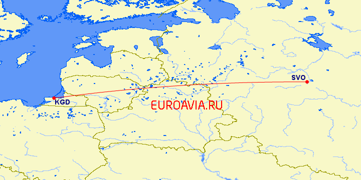перелет Москва — Калининград на карте