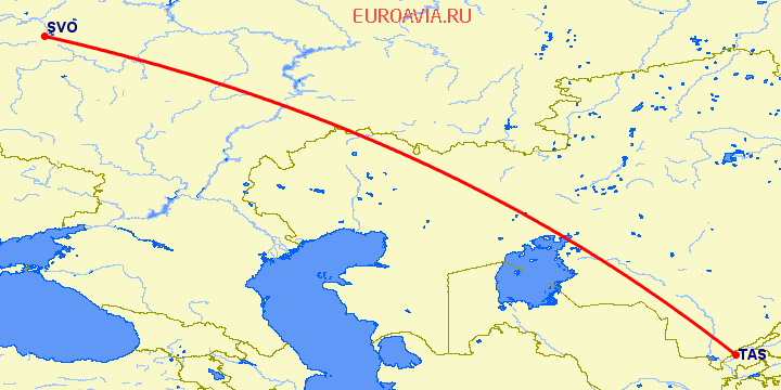 перелет Москва — Ташкент на карте