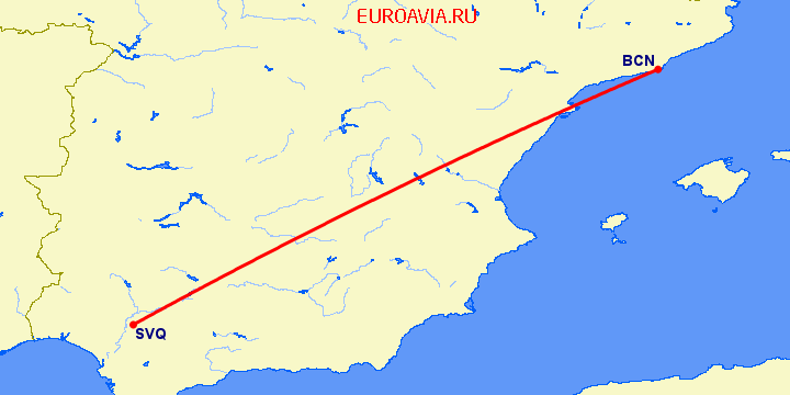 перелет Севилья — Барселона на карте