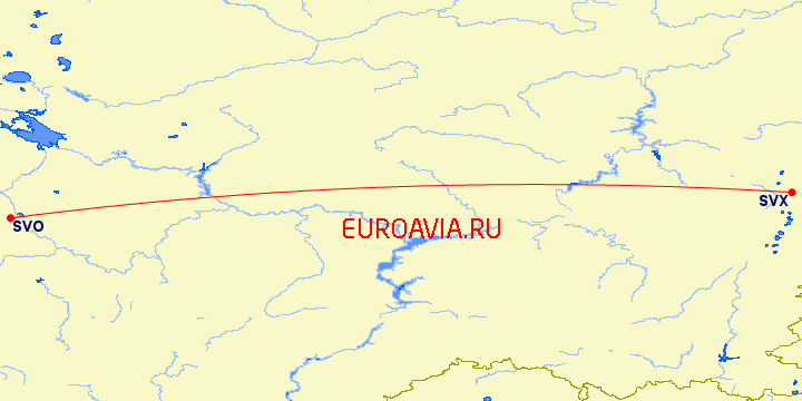перелет Екатеринбург — Москва на карте