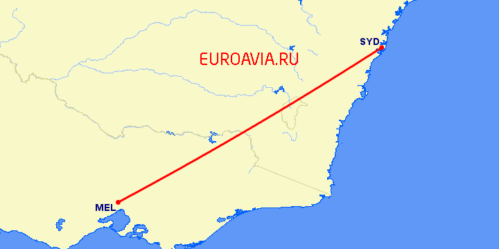 перелет Сидней — Мельбурн на карте