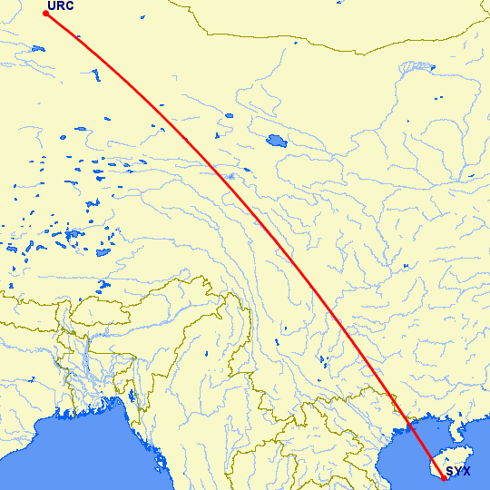 перелет Санья — Урумги на карте