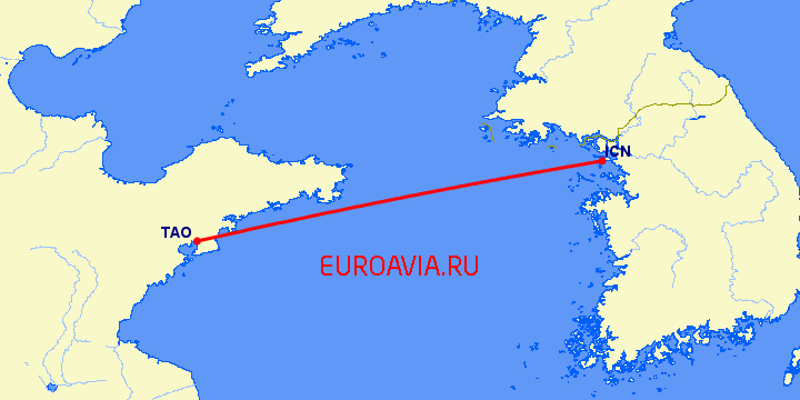 перелет Куаньдян — Сеул на карте