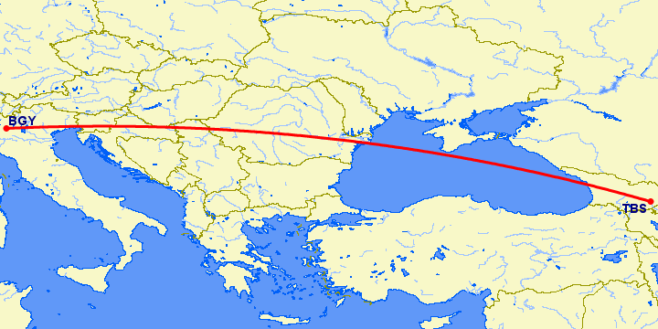 перелет Тбилиси — Бергамо на карте