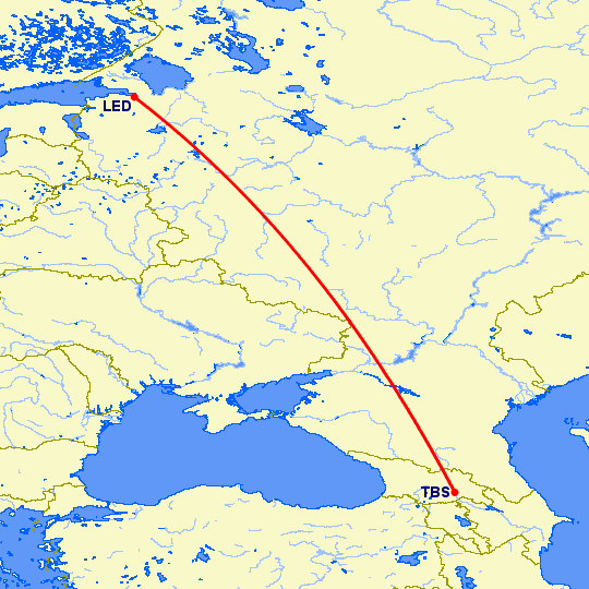 перелет Тбилиси — Санкт Петербург на карте