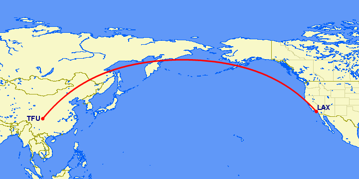 перелет Чэнду Тяньфу — Лос Анджелес на карте