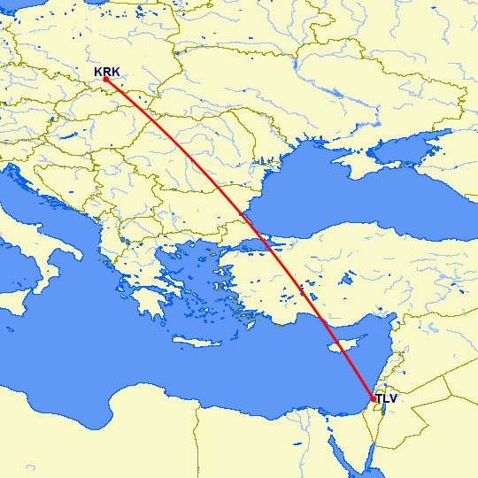 перелет Тель Авив — Краков на карте