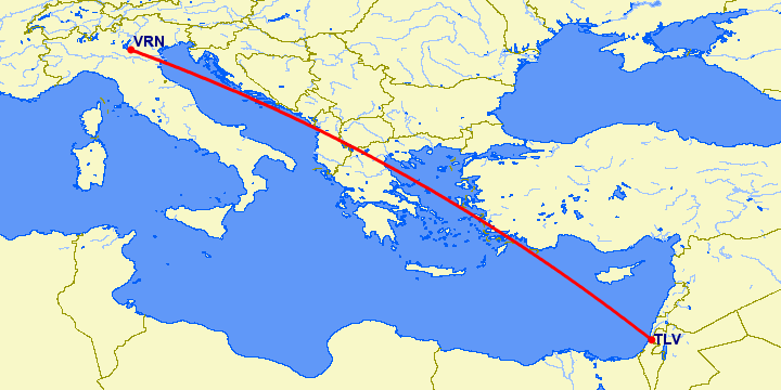 перелет Тель Авив — Верона на карте