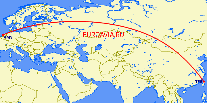 перелет Тайбэй — Амстердам на карте