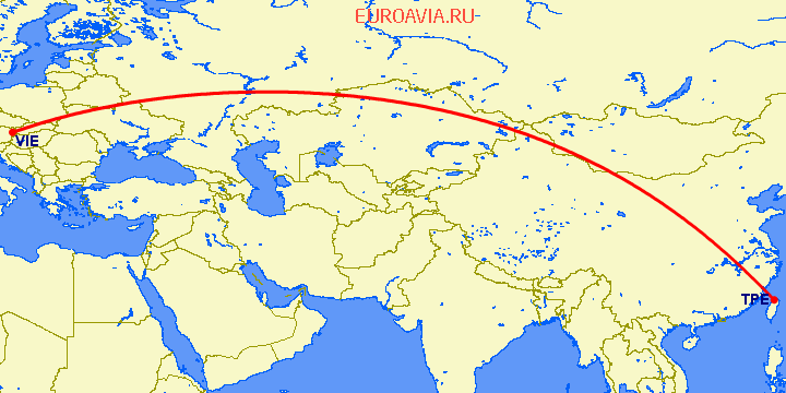 перелет Тайбэй — Вена на карте