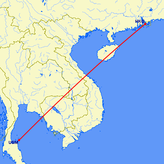 перелет Кох Самуи — Гонконг на карте