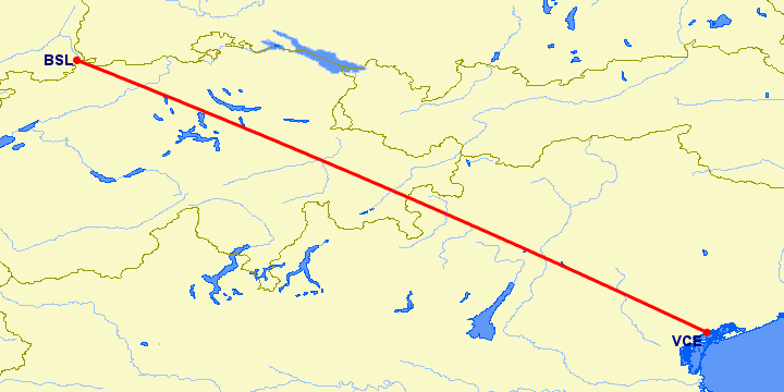 перелет Венеция — Базель-Мюлуз на карте