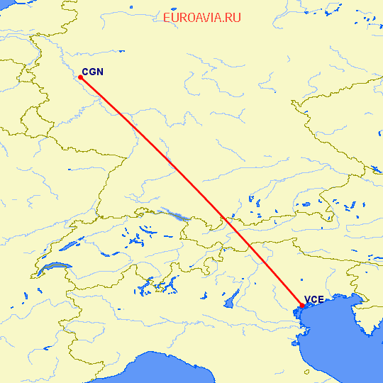 перелет Венеция — Кельн на карте