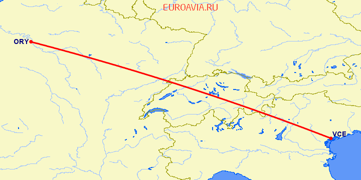 перелет Венеция — Париж на карте
