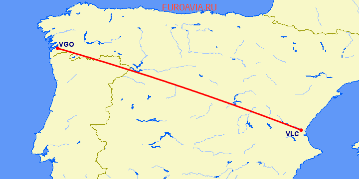 перелет Виго — Валенсия на карте