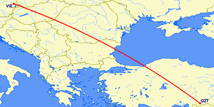 перелет Вена — Газиантеп на карте