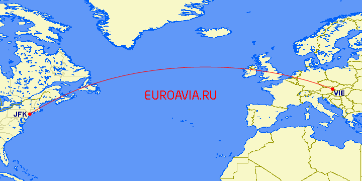 перелет Вена — Нью Йорк на карте