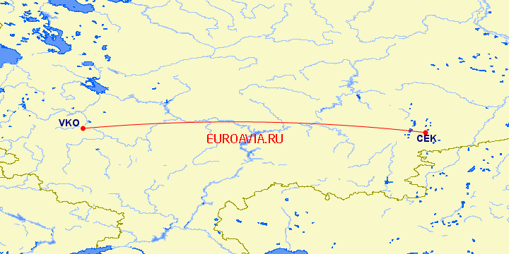 перелет Москва — Челябинск на карте