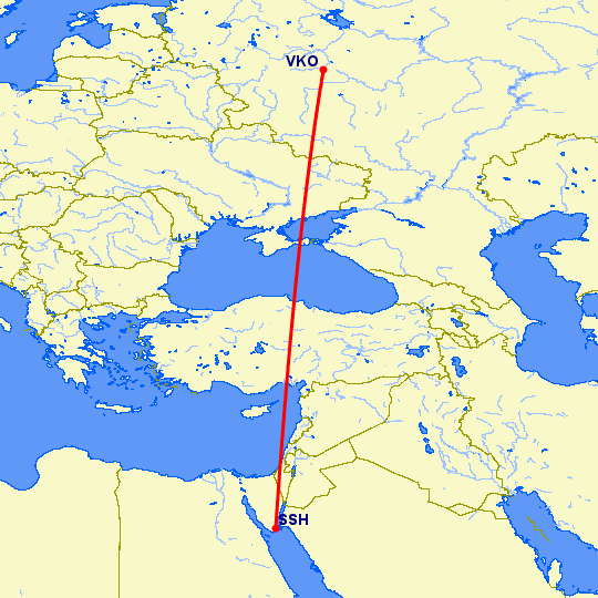 перелет Москва — Шарм эль Шейх на карте