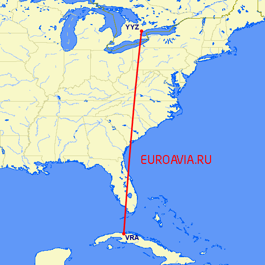 перелет Варадеро — Торонто на карте