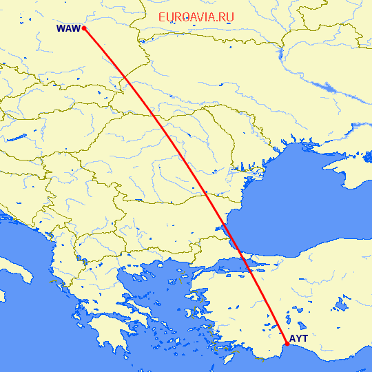 перелет Варшава — Анталия на карте