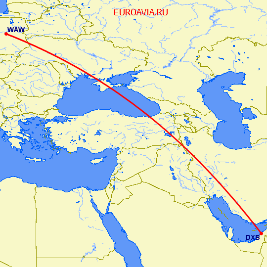 перелет Варшава — Дубай на карте