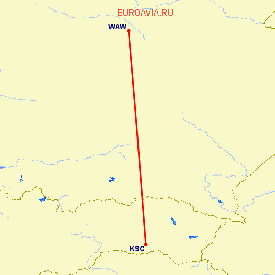 перелет Варшава — Кошице на карте