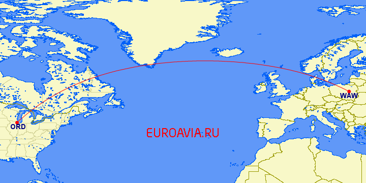 перелет Варшава — Чикаго на карте