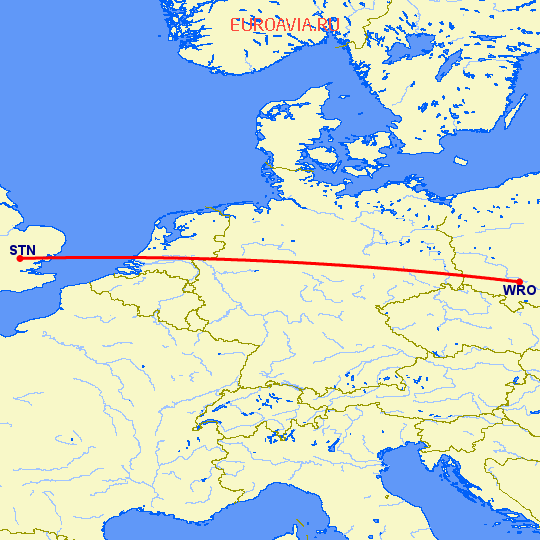 перелет Вроцлав — Лондон на карте