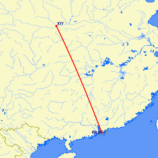 перелет Синьян — Гонконг на карте