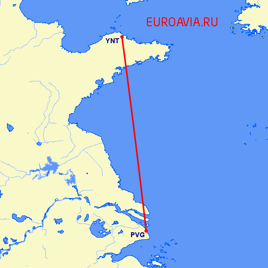 перелет Янтай — Шанхай на карте